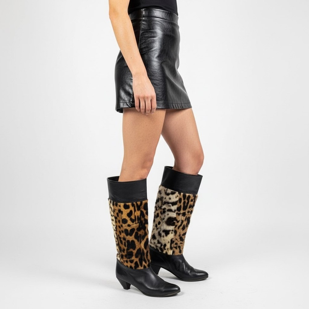 LEOPARD FAUX FUR CUFF LEATHER BOOTS WOMAN SIZE 7